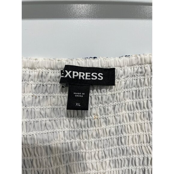 Express Blouse Size XL Smocked Floral Metallic 3/4 Sleeve Ruffle Romantic Blue - Picture 5 of 10